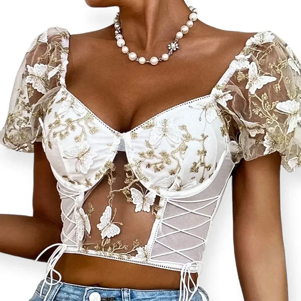 White Lace Mesh Floral Embroidered Corset Bustier Top - NWT